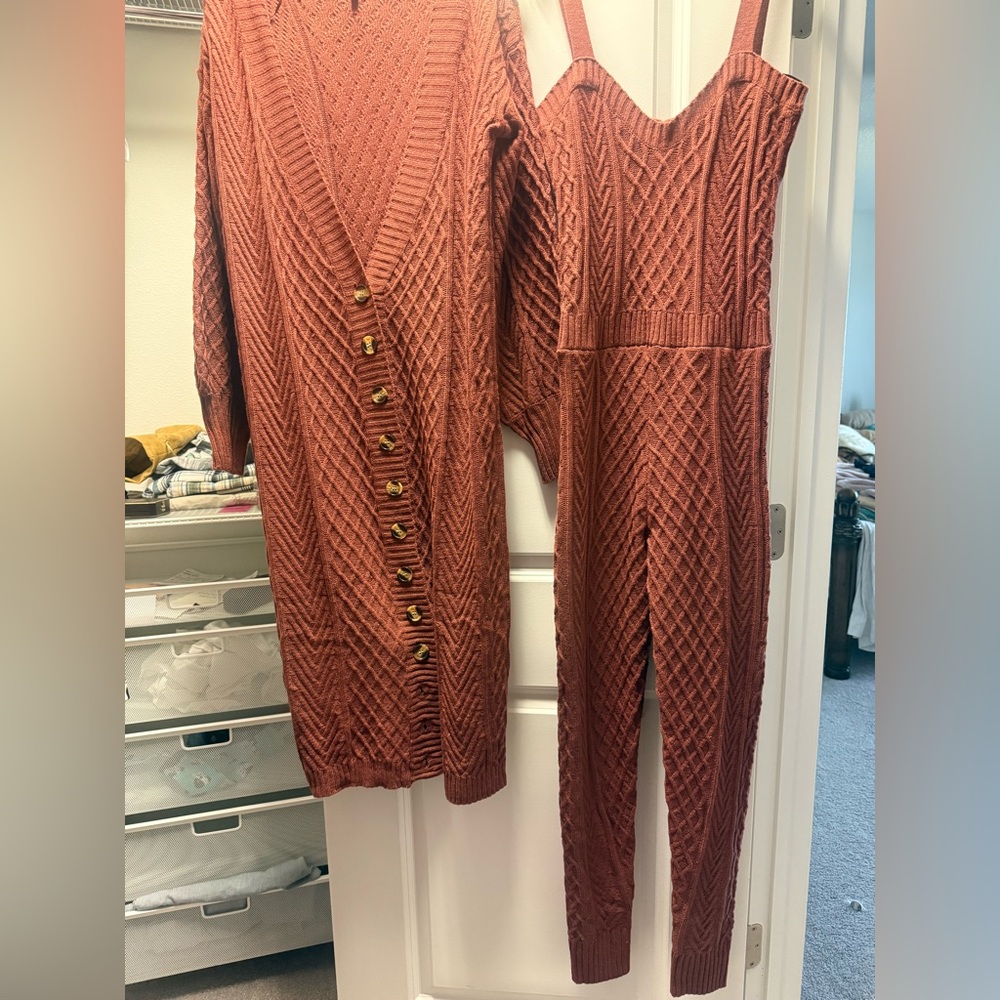 Fashion Nova brown set (jumpsuit & long sweater) size M. New without tags